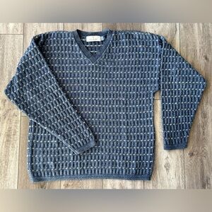 Vintage Bill Blass Sweater Mens LRG Blue V-Neck Pullover 90's Hand Framed Knit
